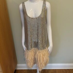 Silver Sequin Mini Dress with Feather Trim
